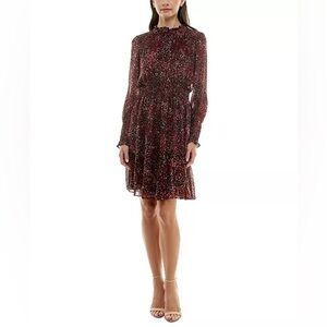 TAYLOR Black Maroon‎ Print Long Sleeve Chiffon Smocked Waist Mini Dress Size 8